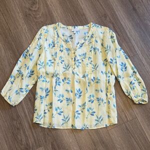 J. Jill Light Yellow Blouse with Blue Leaf Print